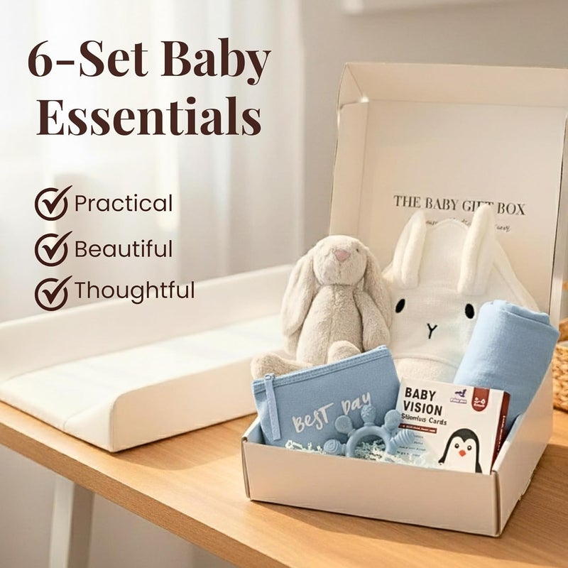 Tiny Treasures New Baby Gift Basket Set with Adorable Newborn Essentials for Baby Girl and Boy | Quality Baby Shower Gift Baskets with Soft Swaddle Blanket | Cutest Newborn Gift Set, Gift-Ready Packaging (Blue) - Image 2